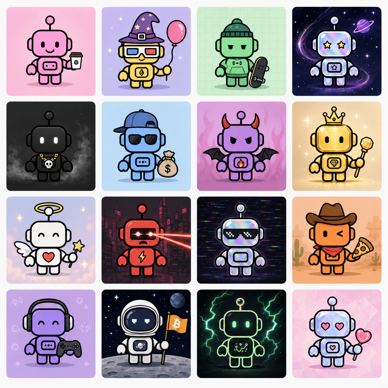 Sixteen example DePunks Bots — wizard, devil, angel, astronaut, cowboy and more.